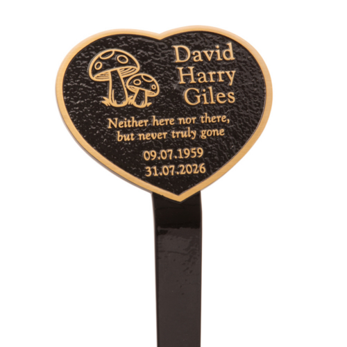 Cast Bronze Heart shaped memorial plaque with toadstools motif