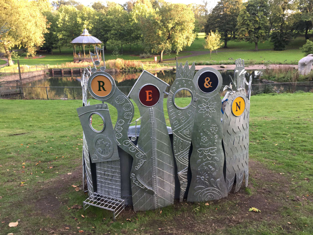 Here and Now Sculpture – Galvanised Back of Park Seat Galvanised and recycled plastic seat by sculptor Tim Tolkien