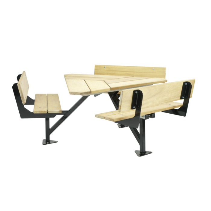 Iroko wood triangular table with black steel frame and attached seats with backs