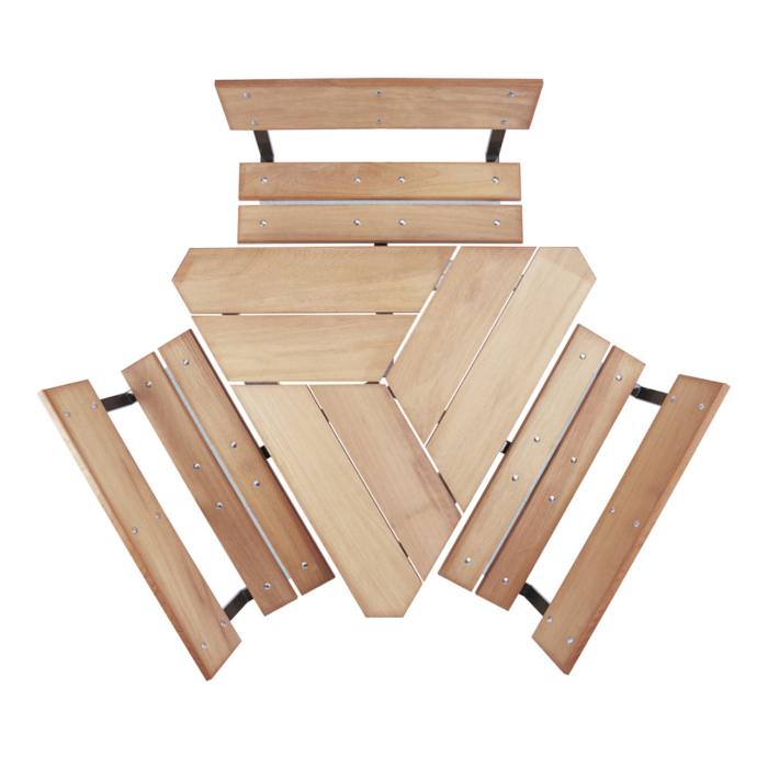 View from the top of a triangular timber table with attached seats with backs.