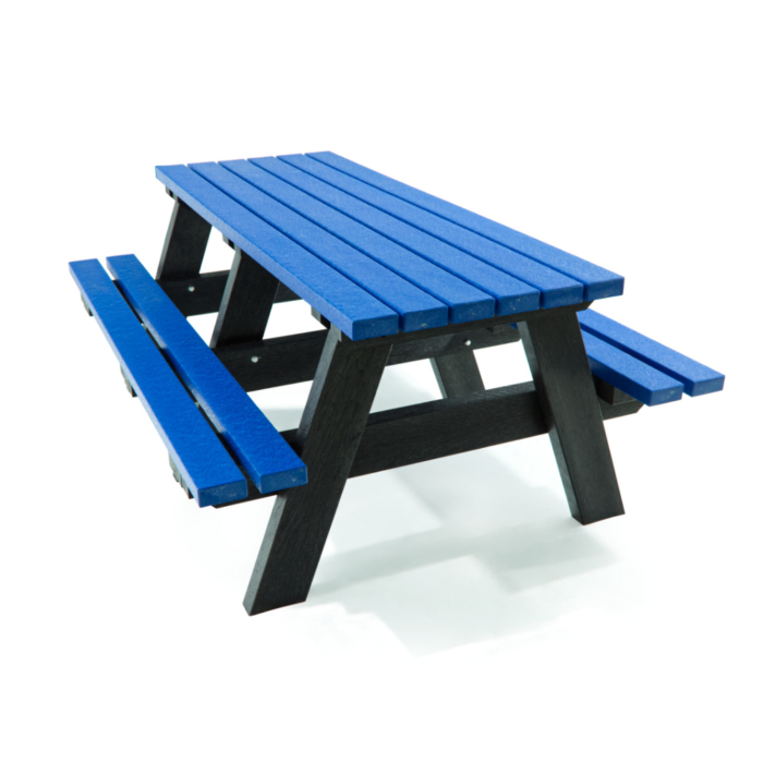 Angled view of junior size picnic table with blue top and seats and black frame