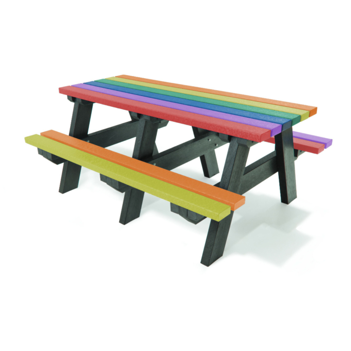 Multicoloured junior sized picnic table with black legs