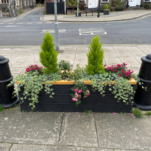 Long Recycled Plastic Planter with Coloured Rim and Plants