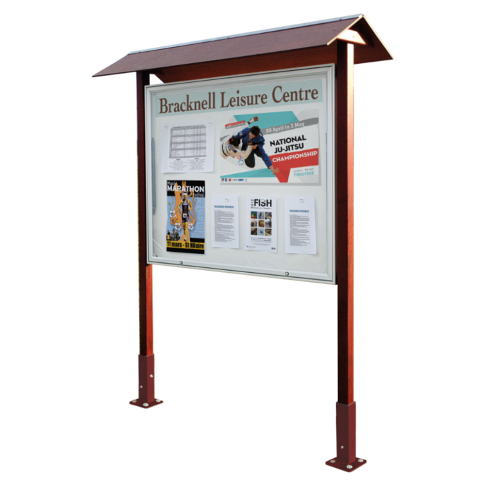 Leisure centre notice board on posts with roof