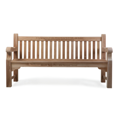 Engraved heavy duty teak seat with commemorative inscription reading "In loving memory of John Wilson Young A beloved Husband, Dad and Grandad. Never forgotten and forever loved"