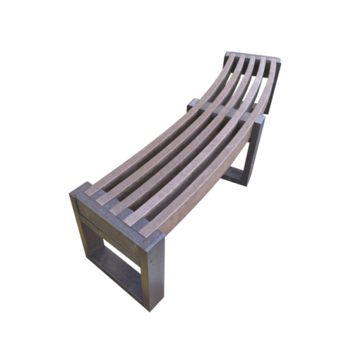 Curved recycled plastic bench with brown slats and black legs.