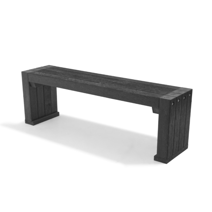 Recycled plastic outdoor bench in black. set at an angle