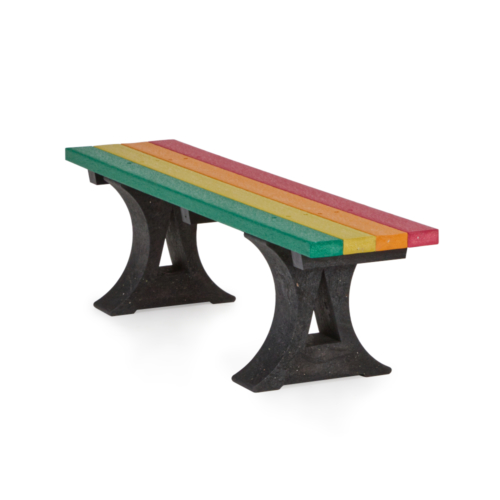 Rainbow recycled plastic bench with black legs and green, yellow, orange and red slats