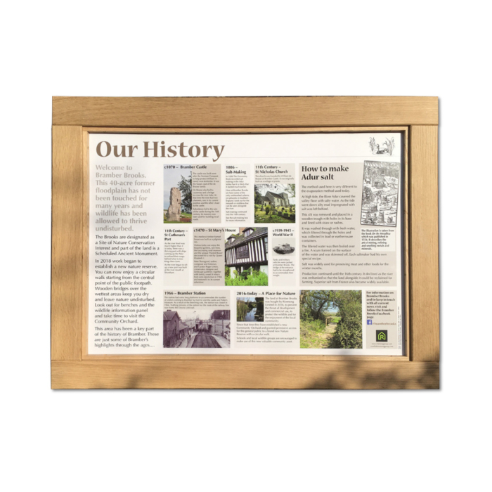 Oak information board with local history data inserted