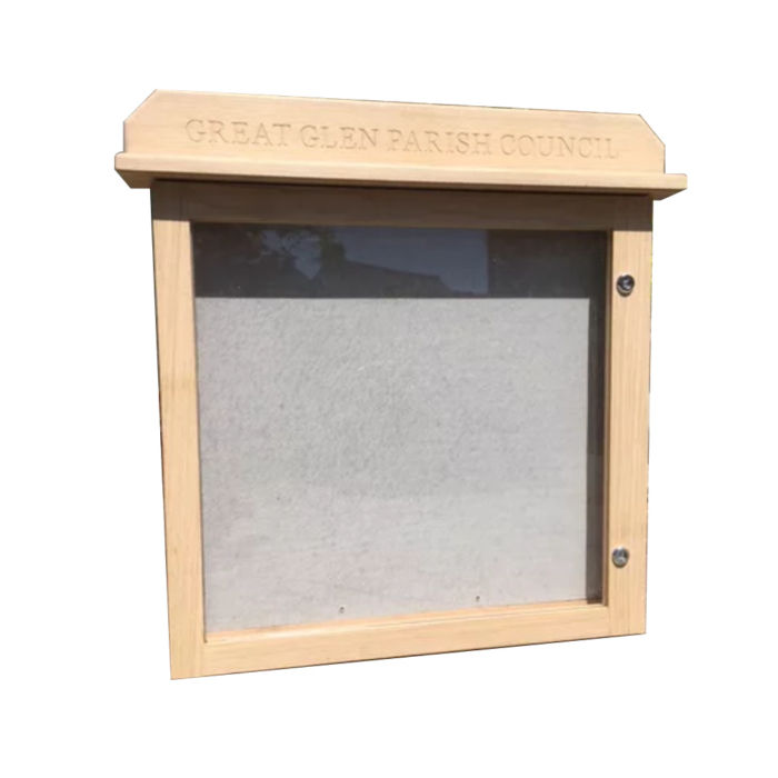 Small oak notice board with one door and header