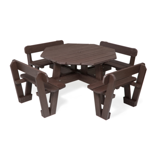 Eight seater brown recycled picnic table with back rests on the seats.