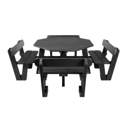 Recycled plastic octagonal picnic table in black with backrests.