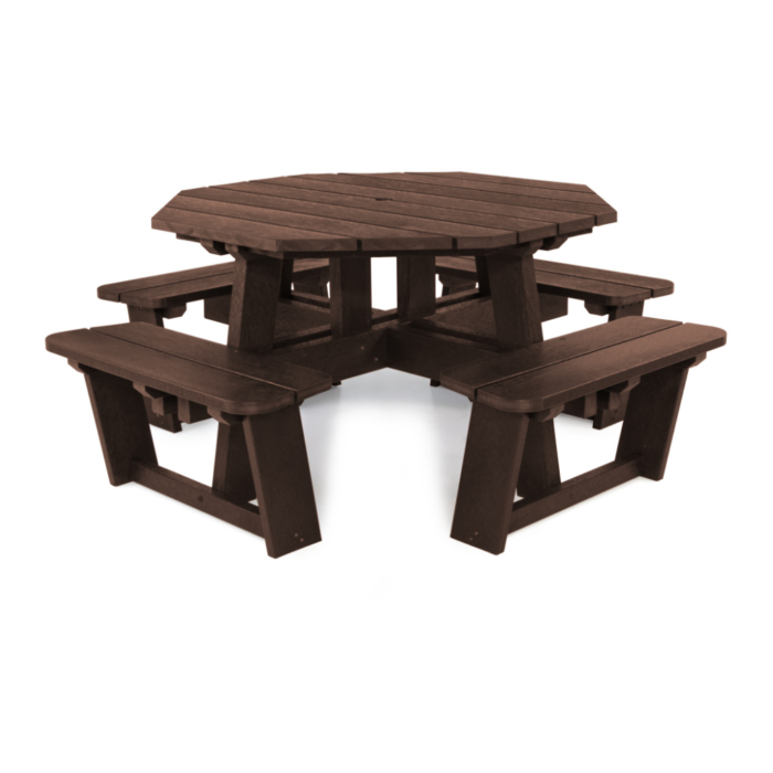 Brown octagonal picnic table with attached seats