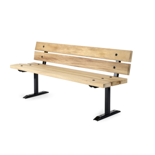 Iroko wood and black steel frame park seat at an angle