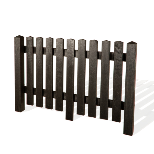 Black recycled plastic picket fence with pointed picket pales