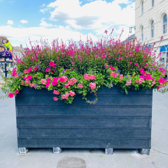 Recycled plastic blockade planter in a street setting. Full of pink flowers.