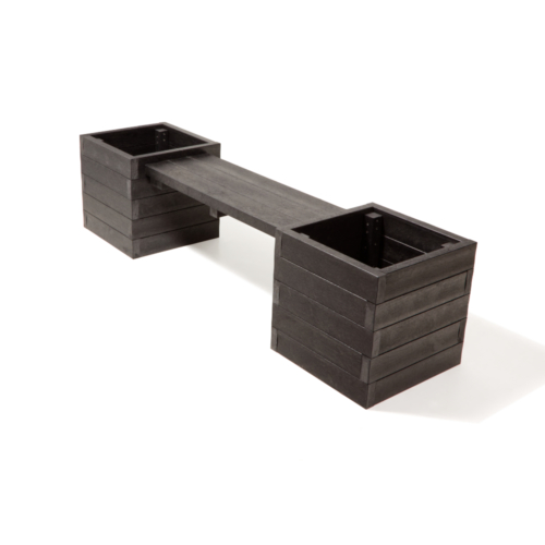 Black bench planter with cube shaped ends and seats in between