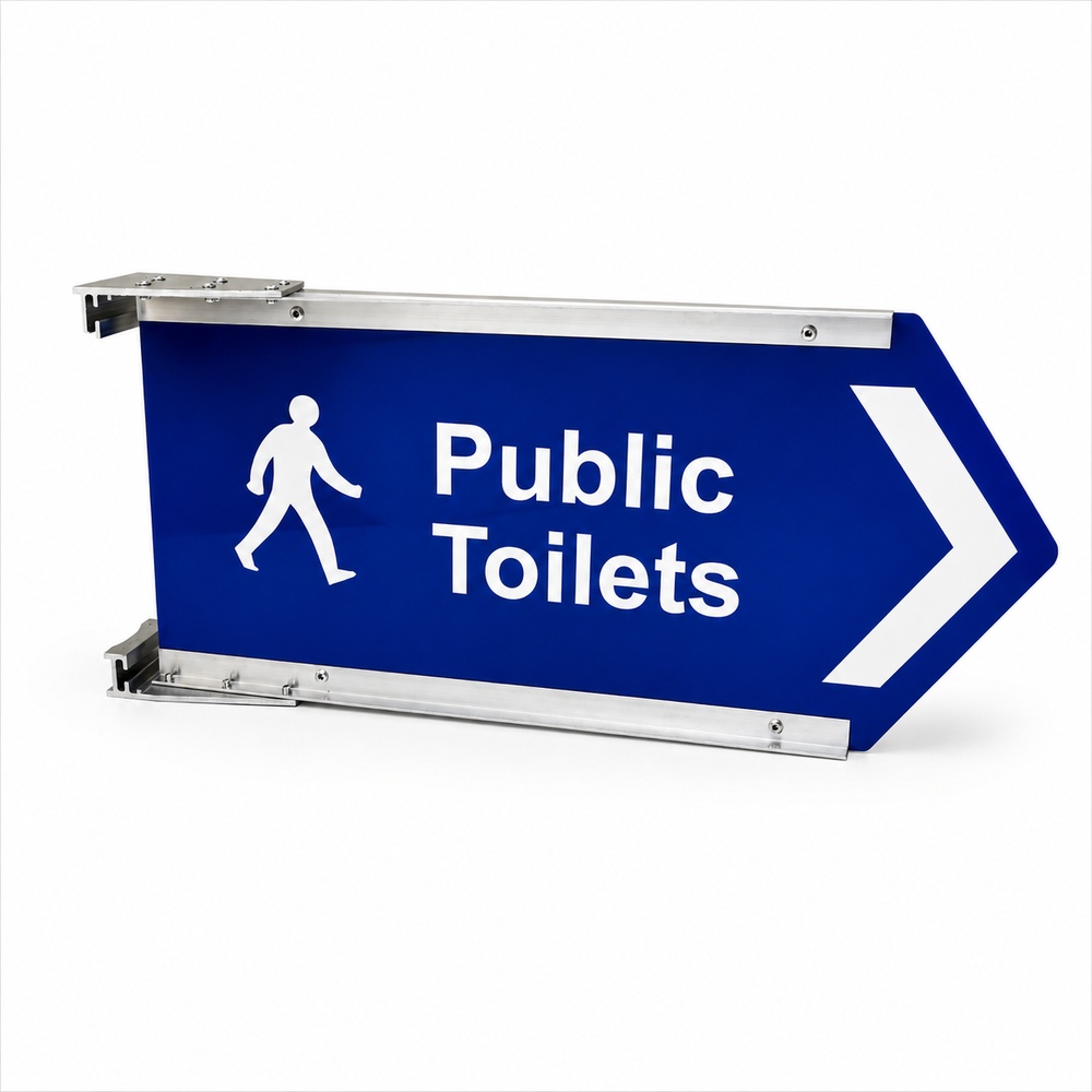 Aluminium composite directional sign in blue and white.