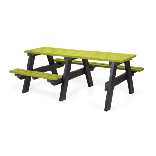 Yellow and black recycled plastic picnic table with wheelchair space
