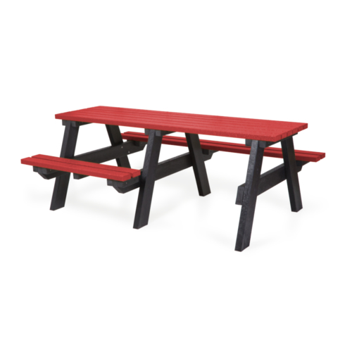 Red and black recycled plastic picnic table with wheelchair space