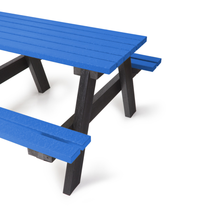 End view of Blue and Black recycled plastic picnic table