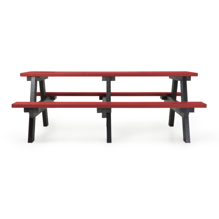Side view of outdoor picnic table in red and black recycled plastic