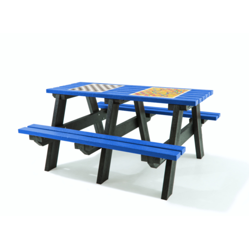 Bright blue recycled plastic picnic table with two game inserts.