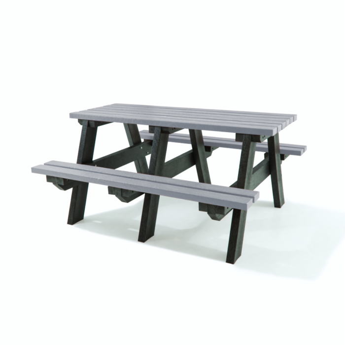 Recycled plastic picnic table with black and grey slats