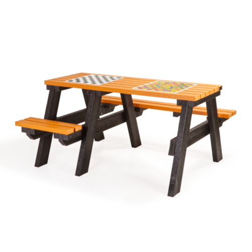 Orange and black, recycled plastic picnic table with space for wheelchair users.