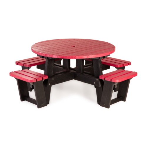 Outdoor picnic table in red with space for a wheelchair or pushchair made from composite plastic