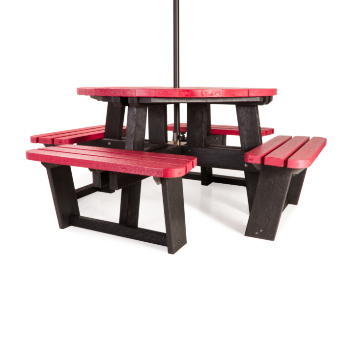 Bright red outdoor picnic bench with a black frame and a parasol