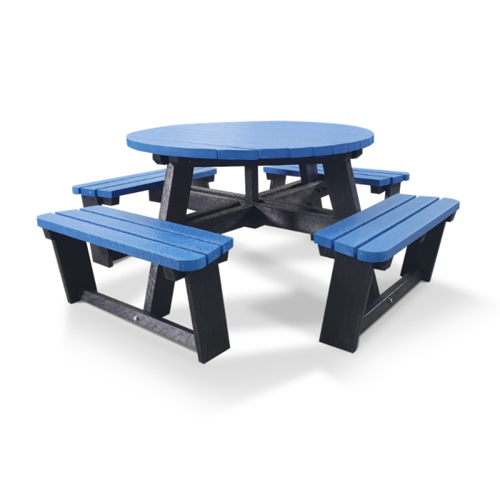 Blue and black recycled plastic round picnic table with attached seats