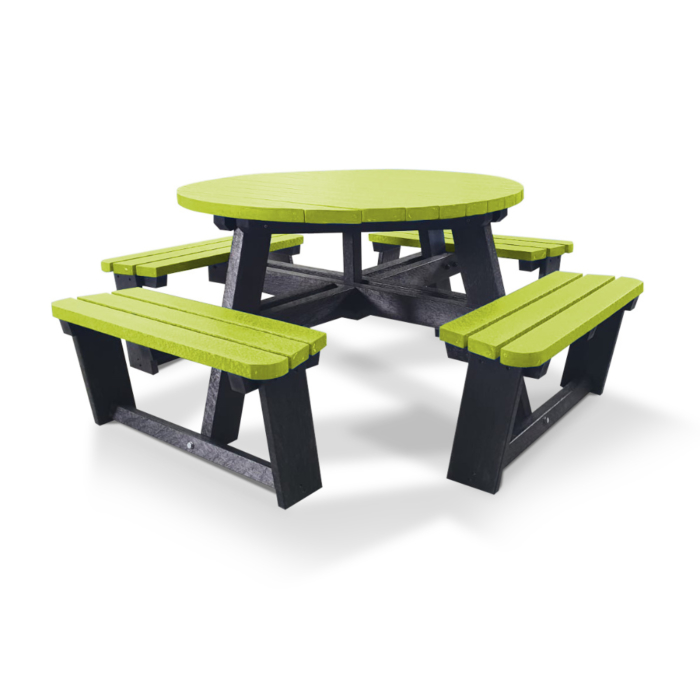 Lime green and black round picnic table made with recycled plastic