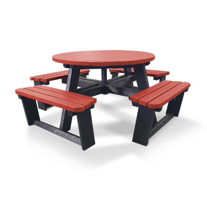 Red and black round picnic table with seats attached