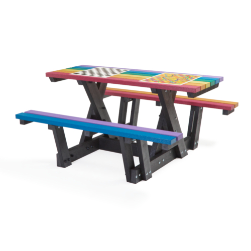 Multi coloured step through picnic table with integral games fitted