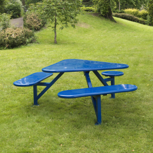 Painted blue steel triangular shaped picnic table with backless seats attached