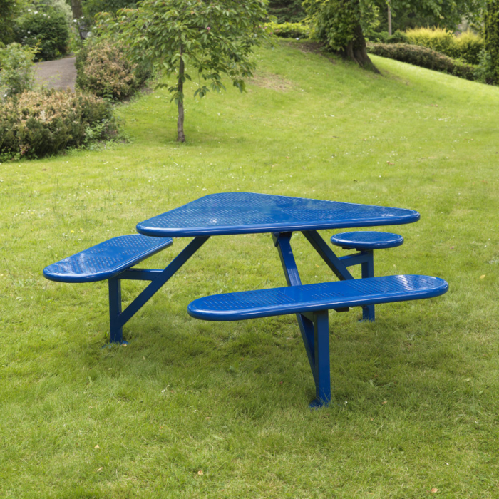 Blue colour coated steel triangular picnic table on grass