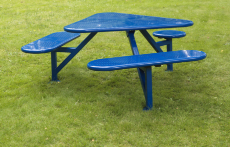 Blue outdoor metal picnic table