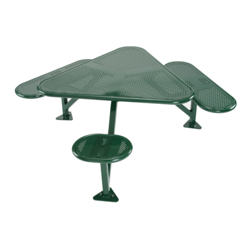 Painted green steel triangular picnic table