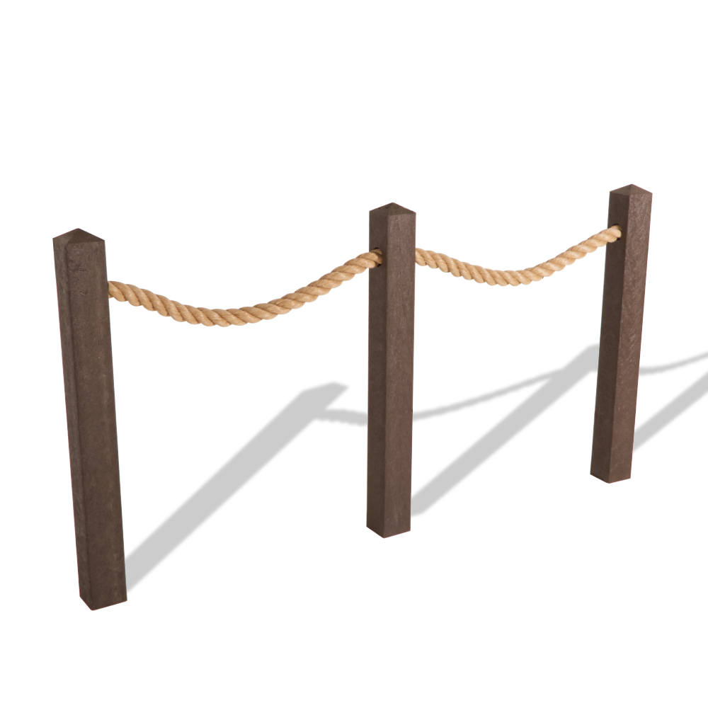 Recycled plastic rope post with single chunky rope and shallow peaked top.