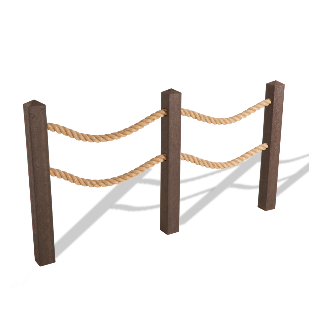 Brown recycled plastic posts with two holes for thick landscaping rope.