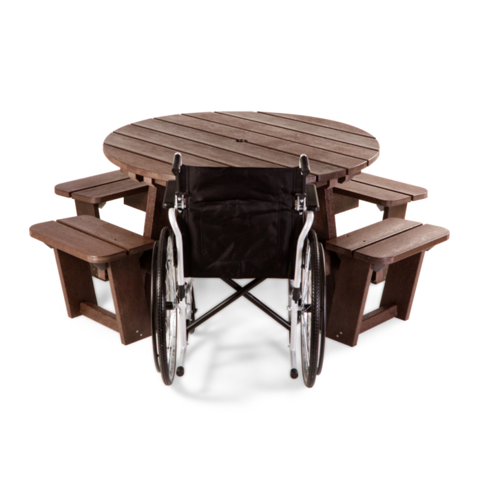 Round brown picnic table with wheelchair made from composite plastic