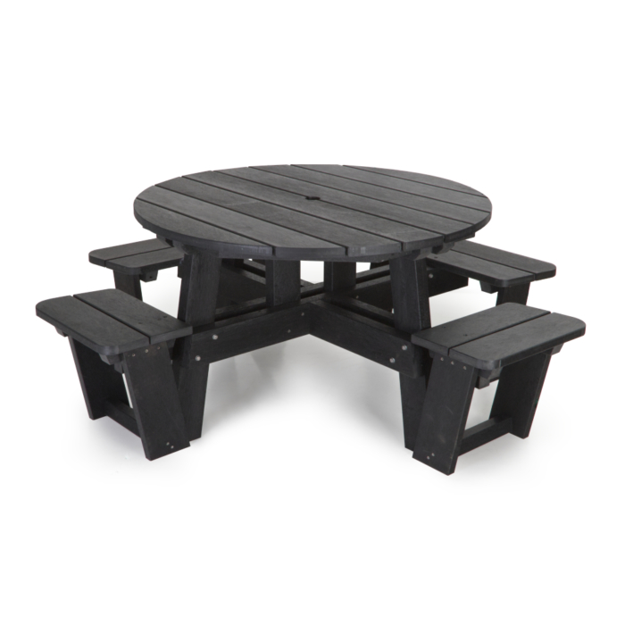 Heavy duty round recycled plastic picnic table in black with space for wheelchair and a parasol.