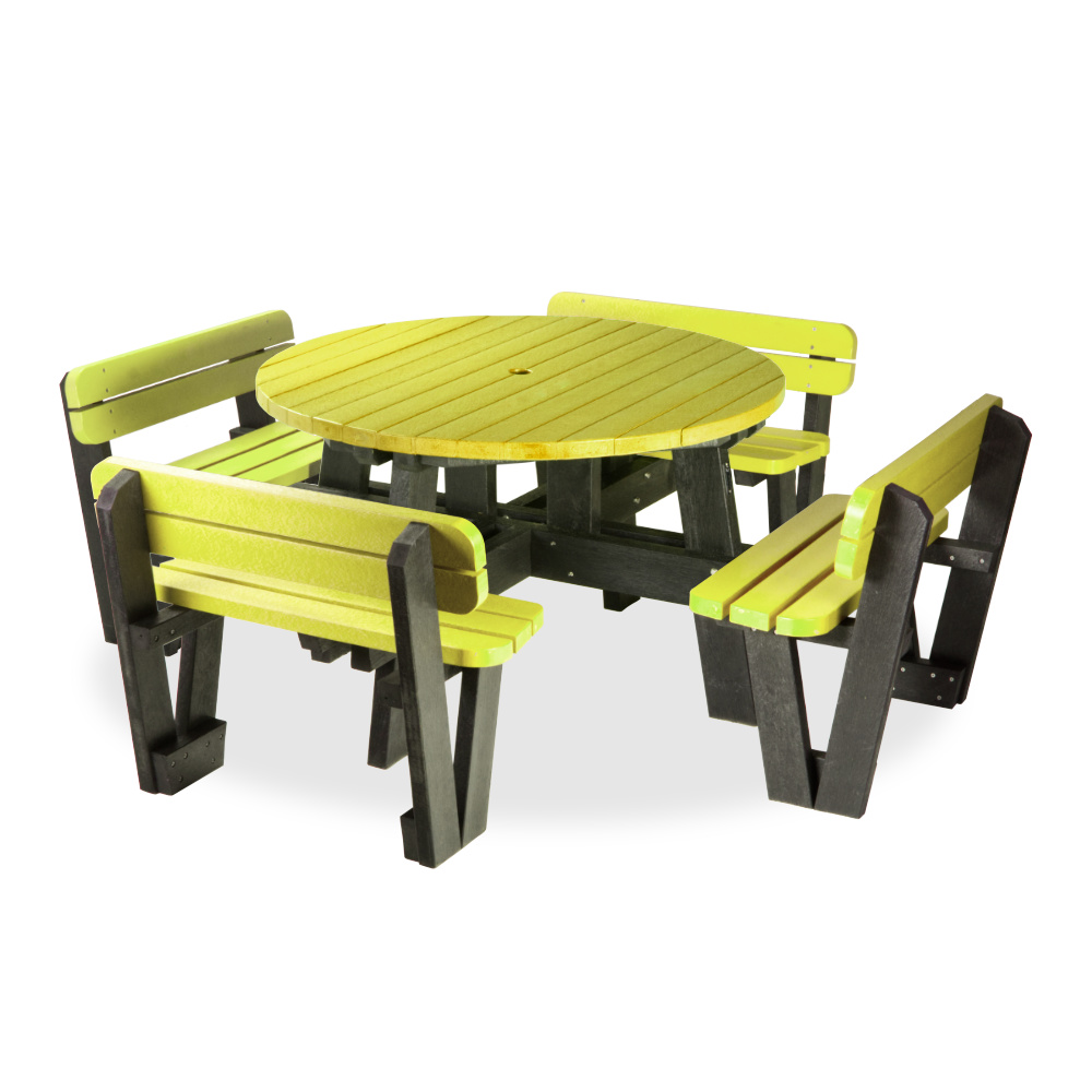 Lime and black school picnic table with backrests.