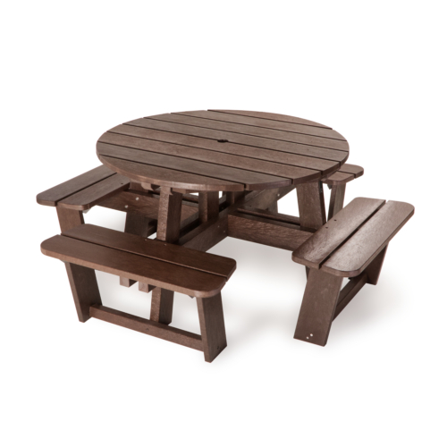 Round outdoor plastic picnic table made from wood effect recycled plastic.