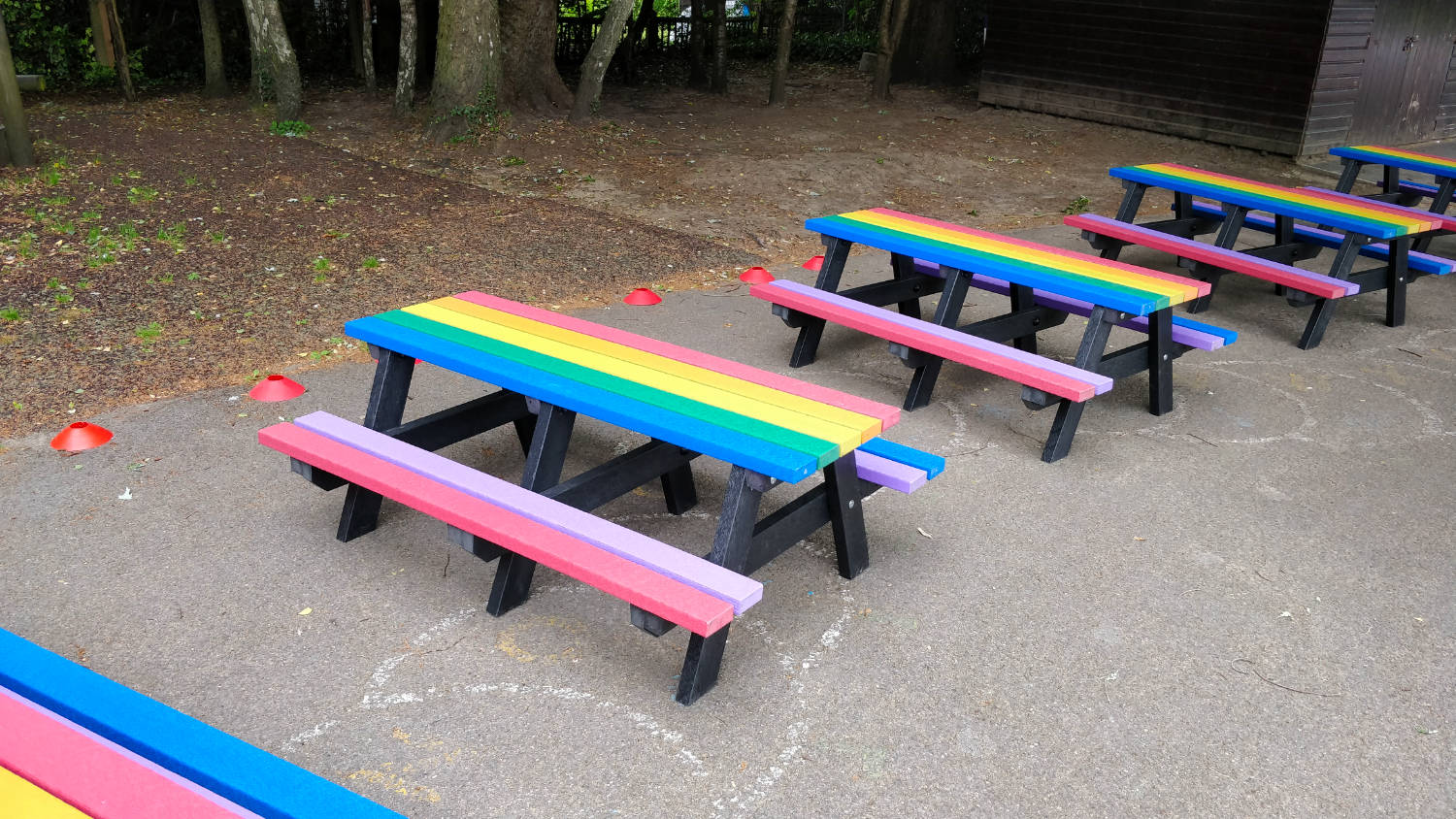 Recycled plastic kids table with multi coloured slats