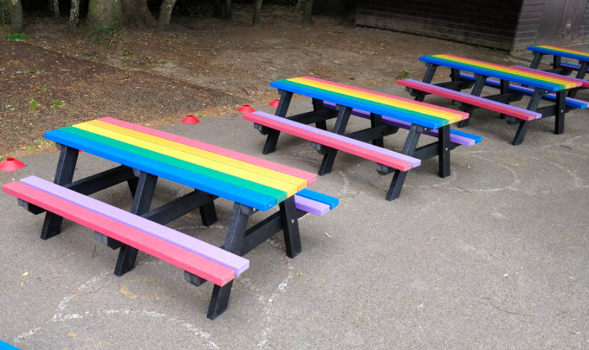 Recycled plastic childrens picnic tables in bright colours