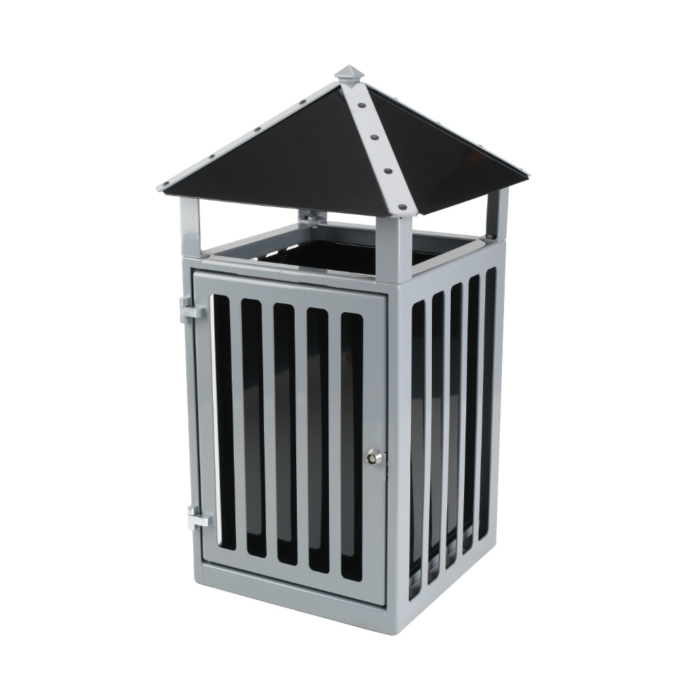 Outdoor litter bin with grey steel cage and black inner liner and pyramid top