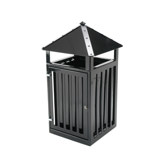 Outdoor litter bin with pyramid roof and lockable door