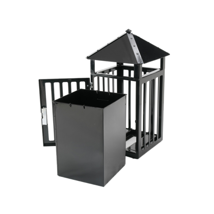 Outdoor litter bin split into caged section with pyramid roof and square liner section.